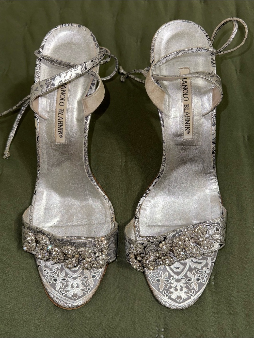 Manolo Blahnik Silver Crystal-Embellished Lace Ankle-Tie Sandals size 40